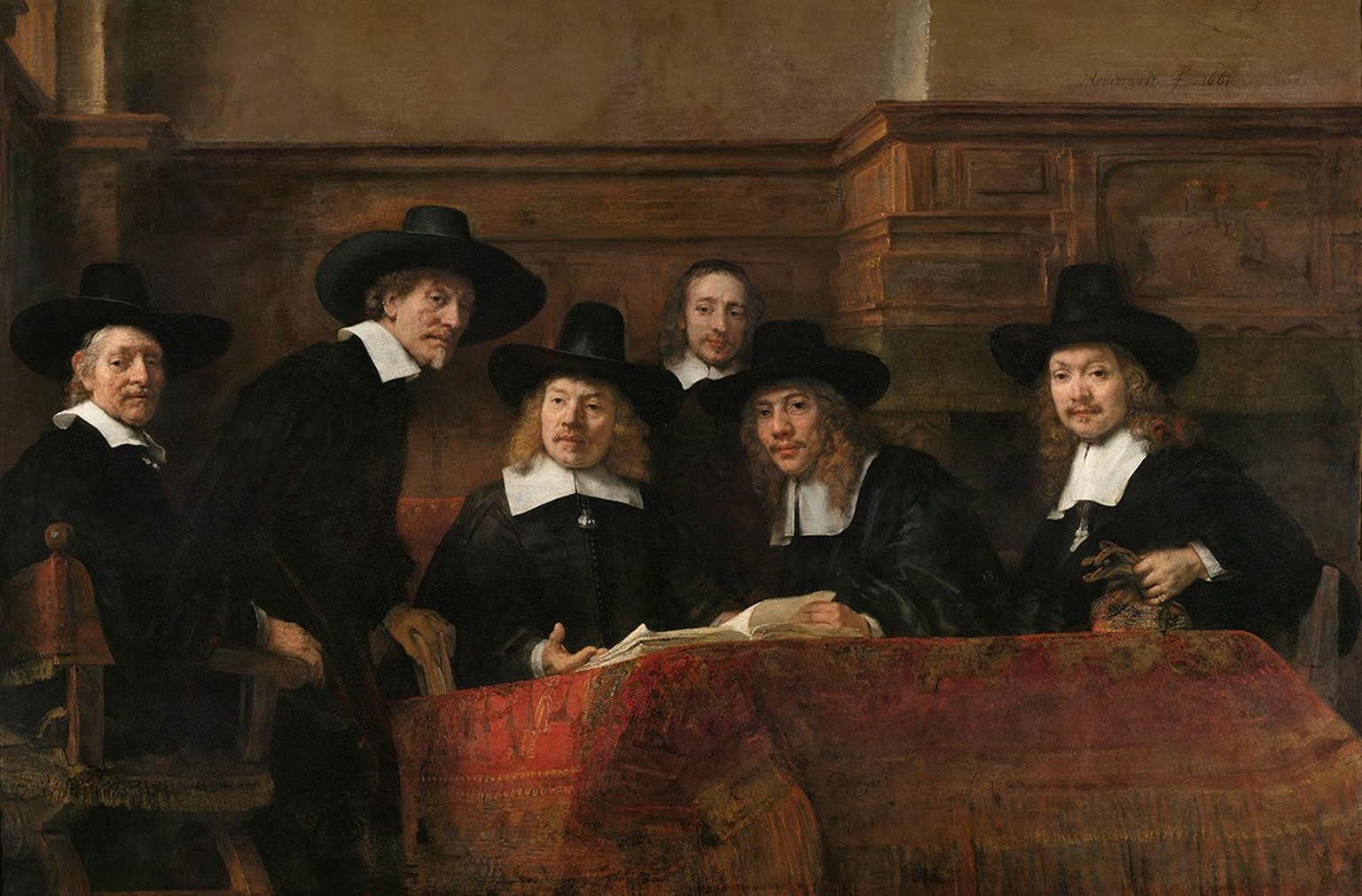 Le Syndic de la guilde des drapiers de Rembrandt, 1662.
https://commons.wikimedia.org/wiki/File:De_waardijns_van_het_Amsterdamse_lakenbereidersgilde,_bekend_als_%E2%80%98De_staalmeesters%E2%80%99_Rijk ...