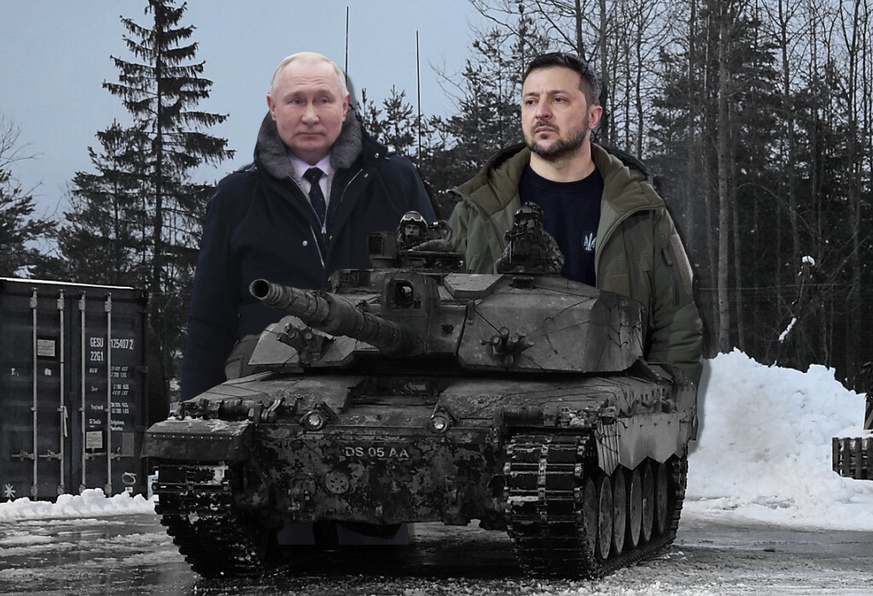 Vladimir Poutine et Volodymyr Zelensky derrière un char Challenger 2.