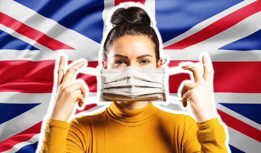 masque Angleterre Boris Johnson jeune femme drapeau Union Jack