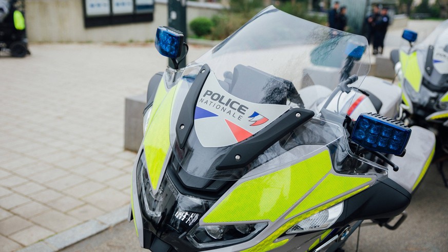 Bruno Retailleau on visit in Rennes Police officer s motobyke pictured during a visit of French Minister of Interior focused on drug trafficking in the Maurepas district in Rennes, western France on N ...