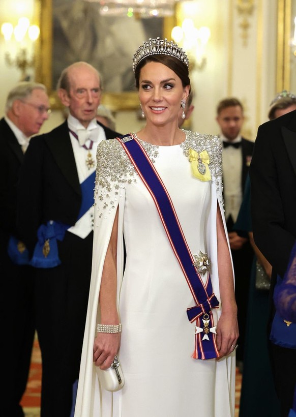 LONDON, ENGLAND - NOVEMBER 22: Catherine, Princess of Wales during the State Banquet at Buckingham Palace on November 22, 2022 in London, England. This is the first state visit hosted by the UK with K ...