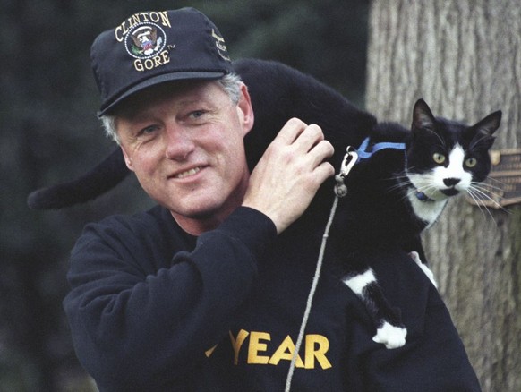 President Bill Clinton, wearing pullover sweatshirt and a Clinton-Gore administration baseball hat, smiles while taking a walk on the White House grounds with the First Pet, Socks the Cat, with black  ...