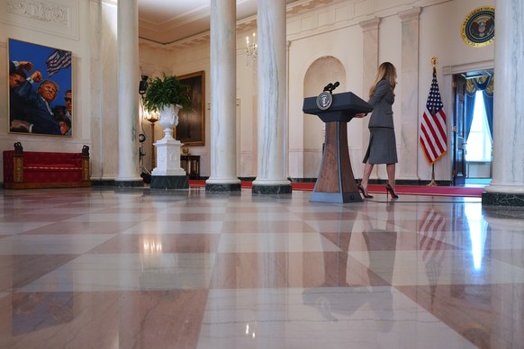 First lady Melania Trump leaves after speaking to reporters Thursday, April 9, 2026, in the Grand Foyer of the White House in Washington. (AP Photo/Jacquelyn Martin)
Melania Trump