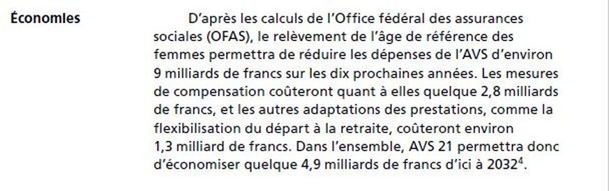 capture d&#039;écran de la brochure officielle du Conseil fédéral concernant la réforme AVS 21