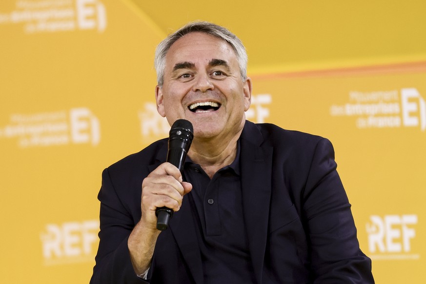 epa13194122 President of the Hauts-de-France Region Xavier Bertrand, speaks at the French employers federation MEDEF Summer Conference, La REF 2026, at Roland Garros in Paris, France, 27 August 2026.  ...