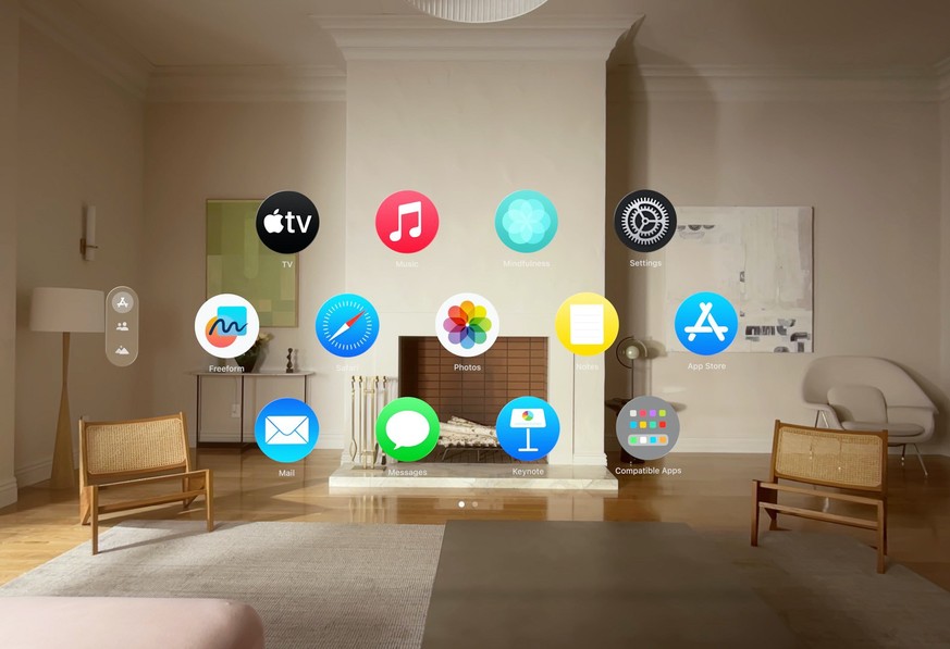 Apple Vision Pro: Betriebssystem visionOS – virtuelle Benutzeroberfläche mit Standard-Apps.