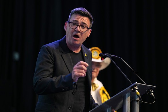 FILE - Labour party's Andy Burnham speaks after winning the Makerfield by-election, paving the way for a leadership challenge against Prime Minister Sir Keir Starmer. in Wigan, England, Friday, J ...