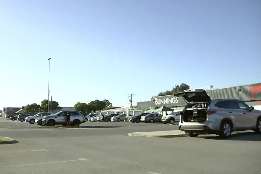 This image from a video, shows a parking lot where an incident occurred in Perth, Australia Sunday, May 5, 2024. A 16-year-old boy armed with a knife was shot dead by police after he stabbed a man in  ...