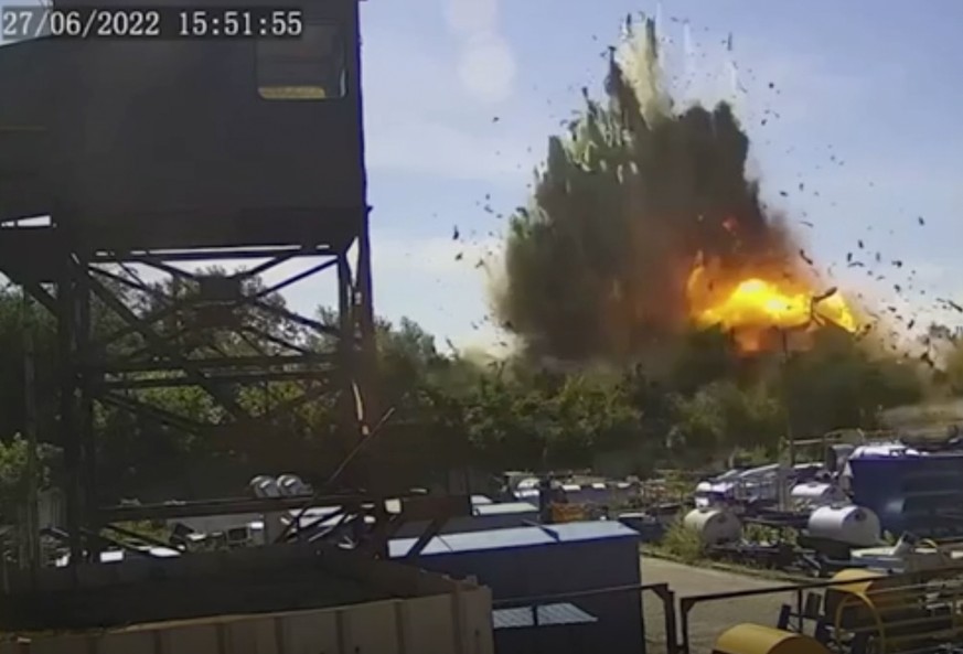 In this image taken from video and provided by the Ukrainian Presidential Press Office on Tuesday, June 28, 2022 which claims to show the moment just after a missile struck the shopping mall in Kremen ...