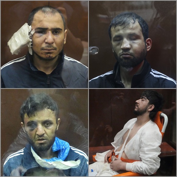 Les quatre terroristes présumés du Crocus City Hall. Les traces de torture sont évidentes.