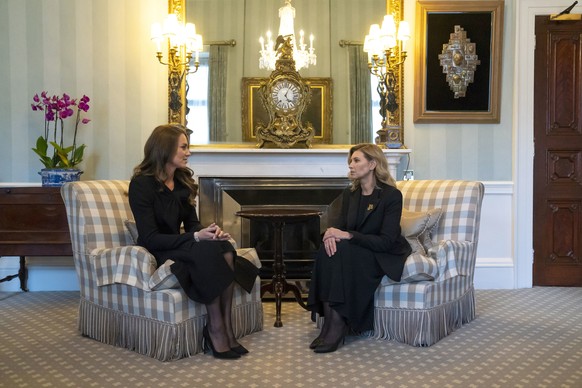 Britain&#039;s Kate, Princess of Wales, left, speaks with Olena Zelenska, first lady of Ukraine, as she welcomes her to Buckingham Palace in London, Sunday Sept. 18, 2022, ahead of the funeral of Quee ...