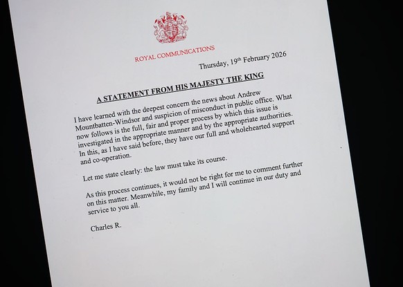 LONDON, ENGLAND - FEBRUARY 19: In this photo illustration, a statement from His Majesty King Charles III via communications at Buckingham Palace pledges his "full and wholehearted support and co- ...