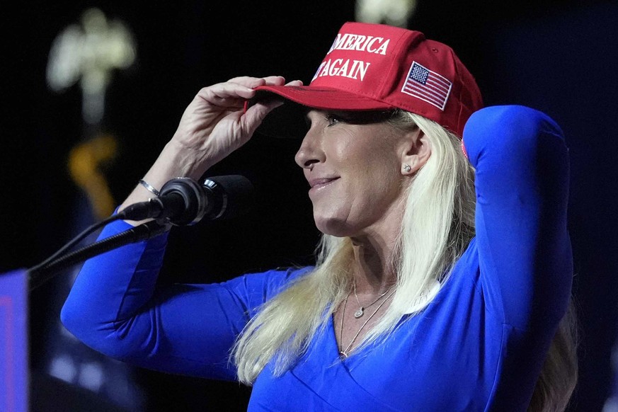 Rep. Marjorie Taylor Greene, R-Ga., speaks before Republican presidential candidate former President Donald Trump at a campaign rally Saturday, March 9, 2024, in Rome Ga. (AP Photo/Mike Stewart)