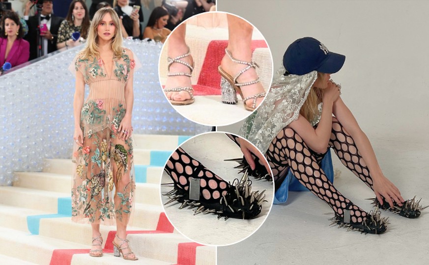 Lors du Met Gala, Suki Waterhouse portait des sandales à talons avec une robe à fleurs. Le résultat est mignon, mais plat. La Britannique aurait pu opter pour ces ballerines à clous pour casser le côt ...