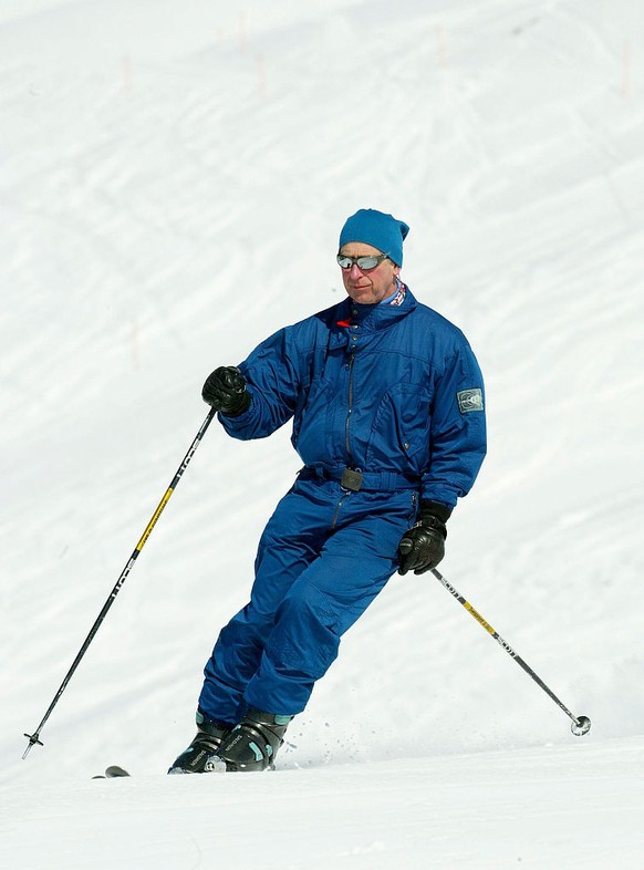 KLOSTERS, SWITZERLAND - MARCH 28: HRH Prince Charles skies in the Swiss village of Klosters at the start of their annual skiing holiday in the Swiss Alps on March 28, 2004 in Switzerland. (Photo by Pa ...