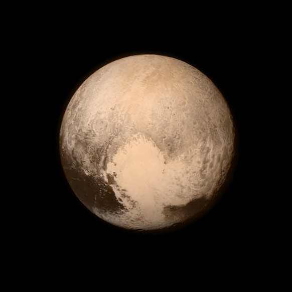 Pluto as seen from New Horizons spacecraft, 2015. Pluto nearly fills the frame in this image from the Long Range Reconnaissance Imager (LORRI), taken on July 13, 2015, when the spacecraft was 476,000  ...