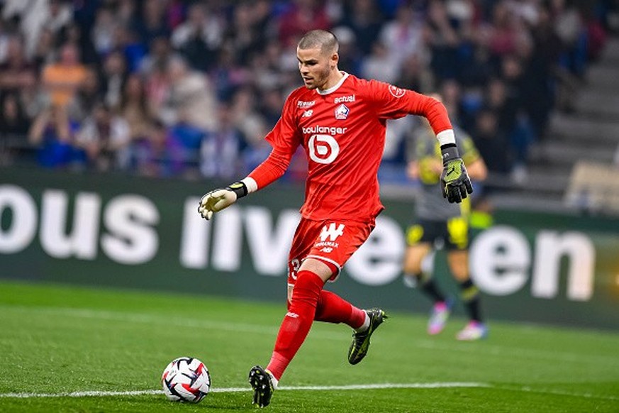 LYON, FRANCE - APRIL 5: Goalkeeper Lucas Chevalier of Lille in action during the Ligue 1 McDonald&#039;s match between Olympique Lyonnais and Lille OSC at Parc Olympique Lyonnais on April 5, 2025 in L ...