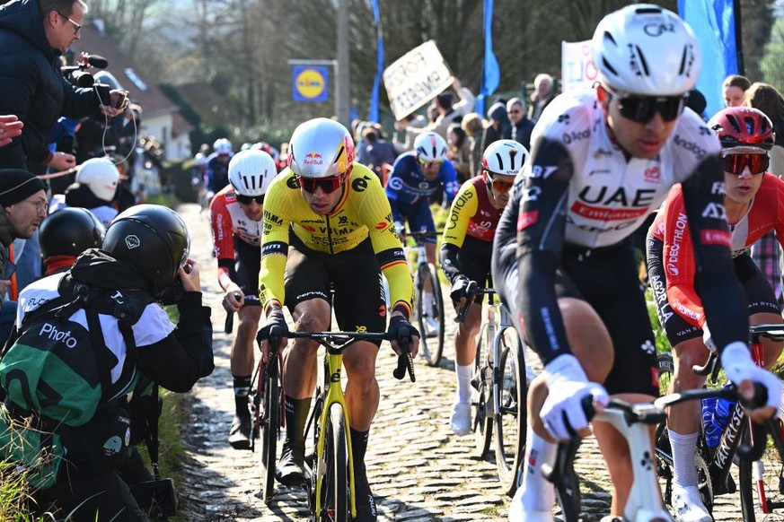 NINOVE, BELGIUM - MARCH 01: Wout van Aert of Belgium and Team Visma | Lease a Bike competes during the 80th Omloop Het Nieuwsblad 2025 - Men&#039;s Elite a 197km one day race from Ghent to Ninove / #U ...