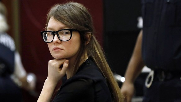 FILE - Anna Sorokin sits at the defense table during jury deliberations in her trial at New York State Supreme Court, on April 25, 2019, in New York. Sorokin, whose exploits posing as a German heiress ...