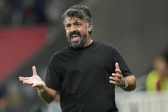 FILE - Marseille&#039;s head coach Gennaro Gattuso shouts during the French League One soccer match between Nice and Marseille at the Allianz Riviera stadium in Nice, France, on Oct. 21, 2023. Gattuso ...