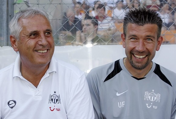 FCZ Coach Bernard Challandes, left, and his assistant Urs Fischer pose, prior to a charity soccer game between FC Zuerich and Bayer 04 Leverkusen, in Zurich, Switzerland, Saturday, July 14, 2007. The  ...
