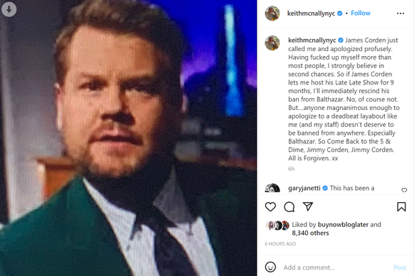 Une capture d'écran du compte de Keith McNally, proprio du Balthazar, qui accuse James Corden d'être «un petit crétin d'homme».