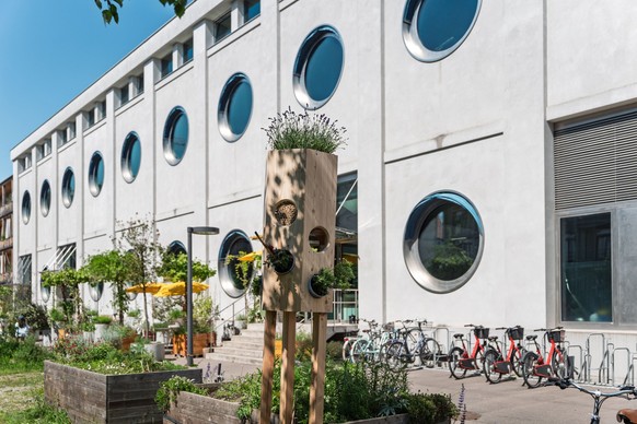 Cinq lodges en matériaux naturels destinés aux abeilles, situées au Silo Boutique & Design Hostel de Bâle.
