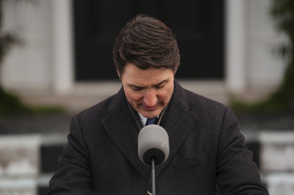 Canada Prime Minister Justin Trudeau announces his resignation as Liberal leader and prime minister outside Rideau Cottage in Ottawa on Monday, Jan. 6, 2025. (Sean Kilpatrick/The Canadian Press via AP ...