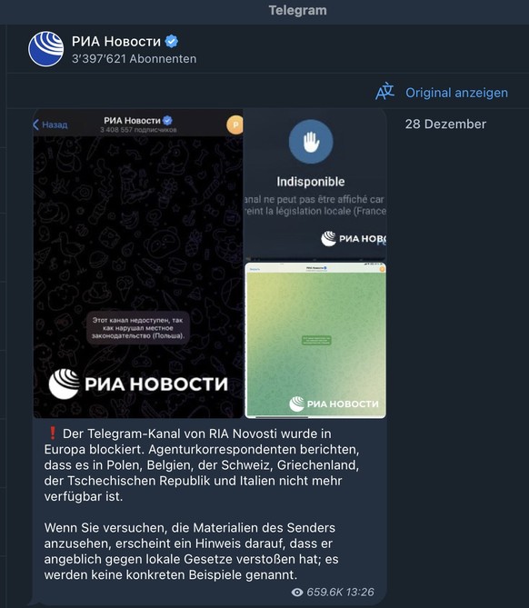 Telegram-Post von RIA Novosti zur angeblichen Sperrung in Europa.
