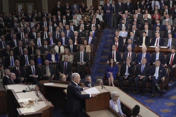 Israeli Prime Minister Benjamin Netanyahu speaks to a joint meeting of Congress at the Capitol in Washington, Wednesday, July 24, 2024. (AP Photo/J. Scott Applewhite)