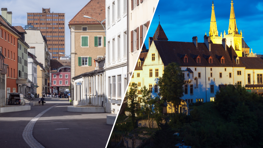 Pénurie de logement: les montagnes s'en sortent mieux (à g. La Chaux-de-Fonds) que le littoral (à dr. Neuchâtel).