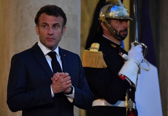 PARIS, FRANCE - MAY 14: Ukrainian President Volodomyr Zelensky waits to greet French President Emmanuel Macron at the Elysee Presidential Palace on May 14, 2023 in Paris, France. (Photo by Christian L ...