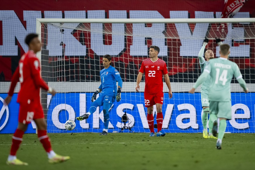 Belarus&#039; forward Dmitri Antilevski, 2nd right, celebrates after scoring the 1:3 goal next to Switzerland&#039;s goalkeeper Yann Sommer, left, and Switzerland&#039;s defender Fabian Schaer, center ...
