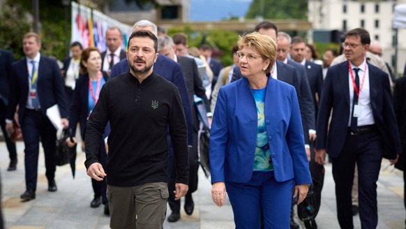 Ukraine Peace Summit - Switzerland Ukrainian President Volodymyr Zelensky next to Swiss Federal President Viola Amherd at the Summit on peace in Ukraine, at the luxury Burgenstock resort, near Lucerne ...