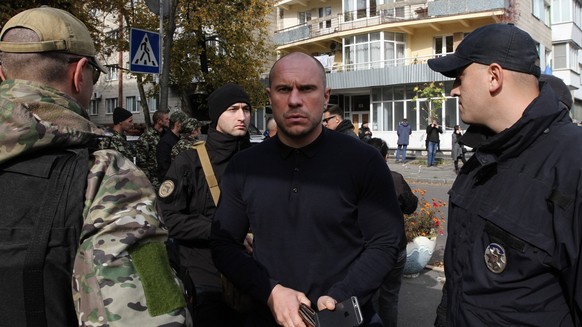 October 6, 2016 - Kiev, Ukraine - Former head of anti-narcotics police Illia Kiva is seen checked by a police during thr rally, in Kiev, Ukraine, on October 6, 2016. Activists of right-wing organizati ...