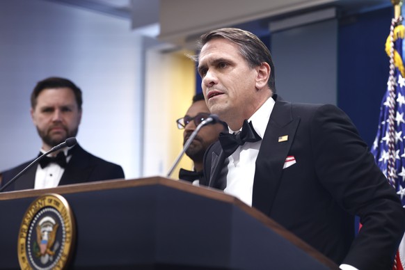 epa12914522 Acting United States Attorney General Todd Blanche speaks to reporters in the White House Press Briefing Room after a shooting outside the Washington Hilton ballroom hosting the White Hous ...