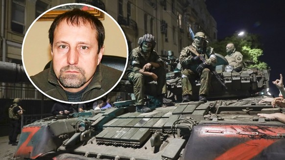 Alexandre Khodakovski (médaillon). En arrière-plan, des soldats de Wagner dans les rues de Rostov-sur le-Don. Après le soulèvement de Wagner samedi, un commandant de la République populaire autoprocla ...