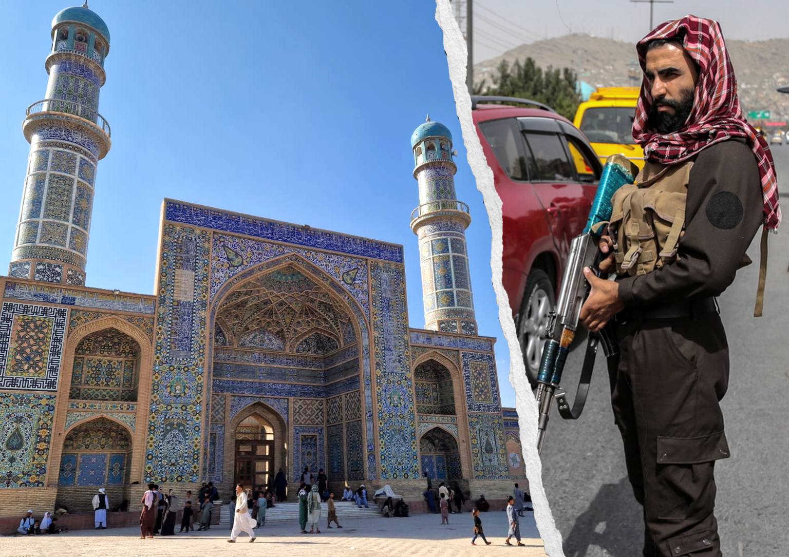 La mosquée du Vendredi à Hérat et un checkpoint des talibans.