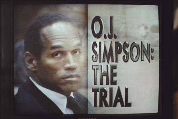A TV screen showing the televised trial of O.J. Simpson for murder, September 1995. (Photo by Barbara Alper/Getty Images)
