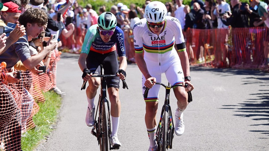 LIEGE, BELGIUM - APRIL 26: (L-R) Paul Seixas of France and Team Decathlon CMA CGM and Tadej Pogacar of Slovenia and UAE Team Emirates - XRG compete in the breakaway during the 112th Liege - Bastogne - ...
