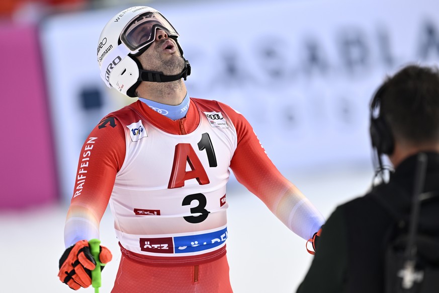 Thomas Tumler of Switzerland reacts in the finish area during the second run of the Men&#039;s Giant Slalom race of the FIS Alpine Skiing World Cup season opener on the Rettenbach glacier, in Soelden, ...