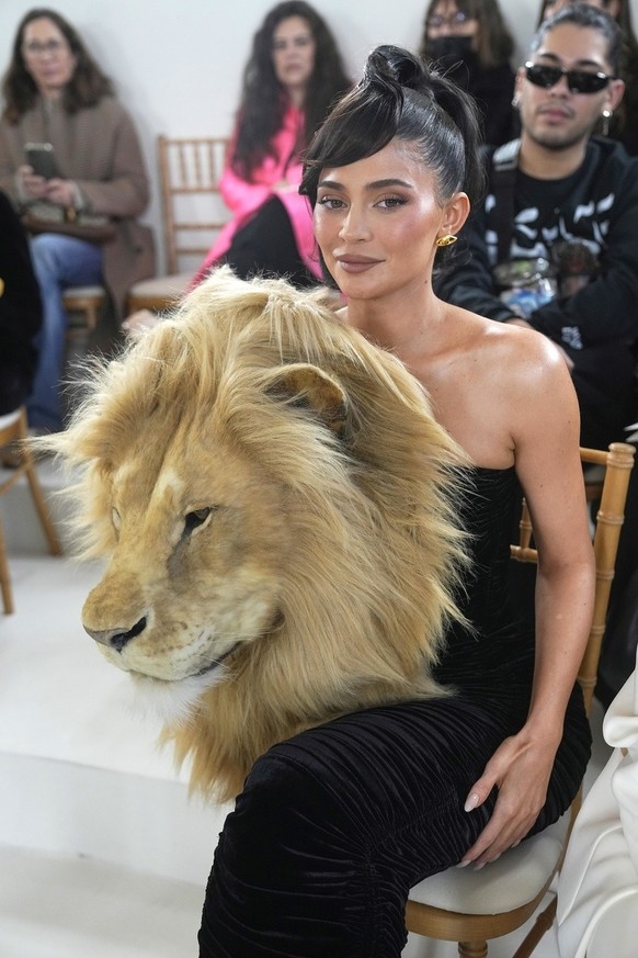 Kylie Jenner attends the Schiaparelli Haute Couture Spring-Summer 2023 collection presented in Paris, Monday, Jan. 23, 2023. (AP Photo/Michel Euler)