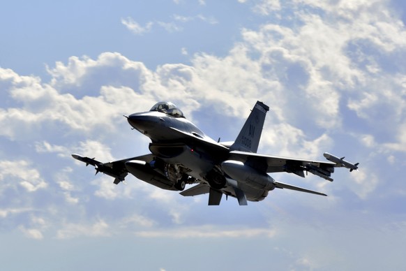 This image provided by the U.S. Air Force, a F-16 Fighting Falcon from the 510th Fighter Squadron takes off during Red Flag 24-1 at Nellis Air Force Base, Nevada, on Jan 25, 2024. The Biden administra ...