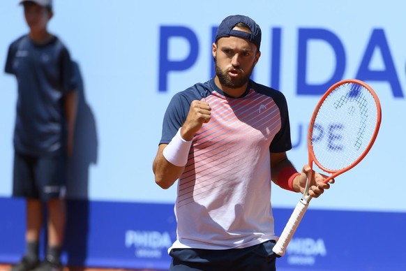 Johan Nikles of Switzerland reacts against Vit Kopriva of Czech Republic during the 1/16 final round game at the Swiss Open tennis tournament in Gstaad, Switzerland, on Monday, July 19, 2021. (KEYSTON ...