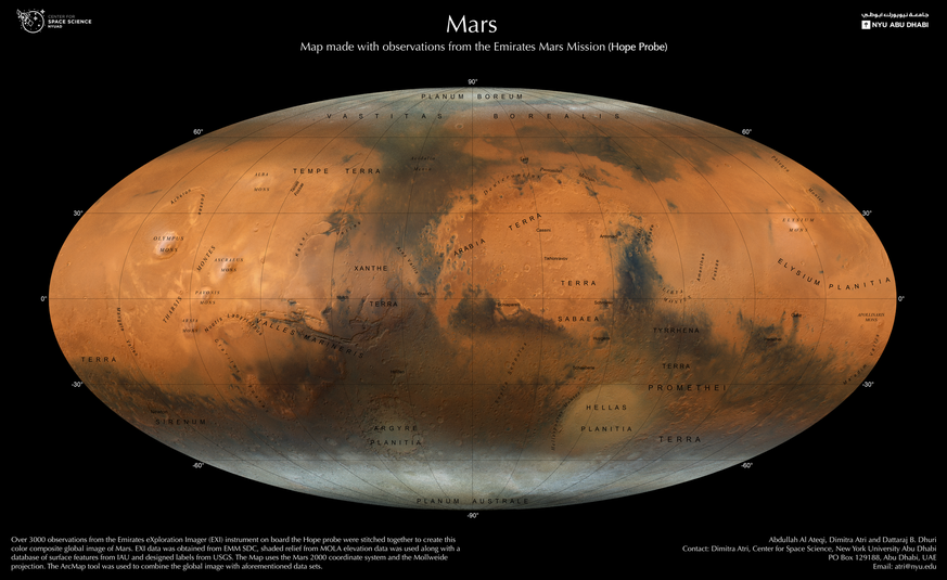 Karte des Mars. Von Forscherinnen und Forschern des Center for Space Science der NYU Abu Dhabi.