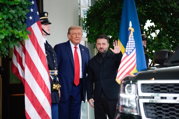 US President Donald Trump greets Ukrainian President Volodymyr Zelenskiy before their meeting with European Leaders at the White House in Washington on August 18, 2025. Photo by Yuri Gripas/Pool/Sipa  ...