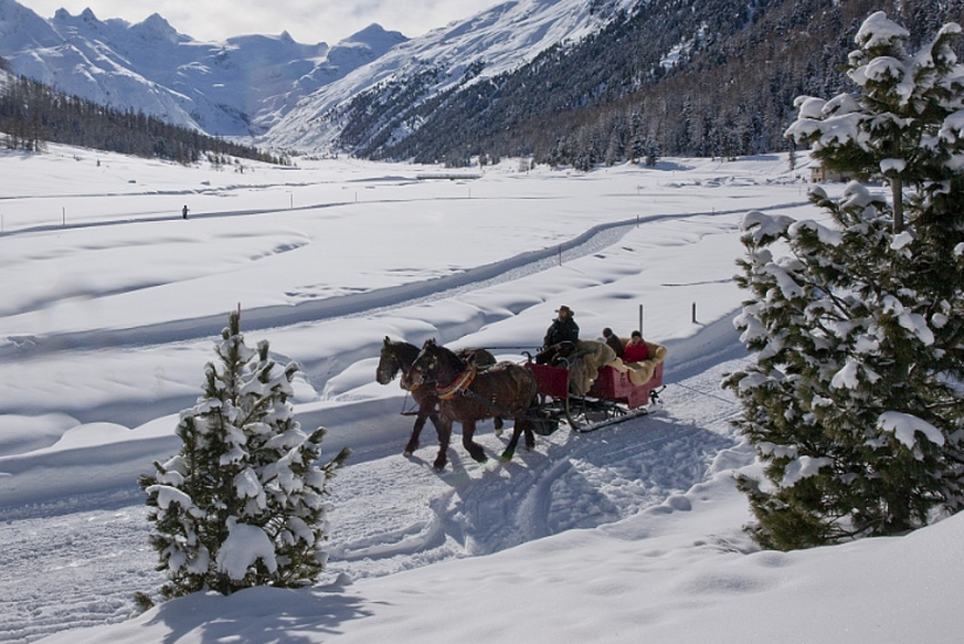 Promenade romantique à deux à travers l'Engadine enneigée.