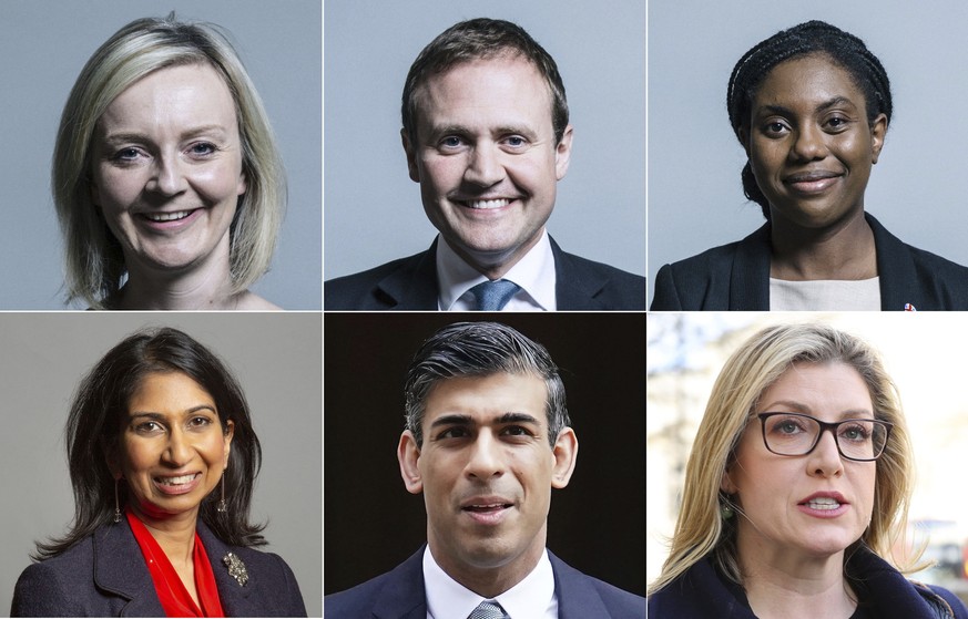 This undated handout combo photo provided by UK Parliament shows the six candidates in the Conservative Party leadership race, top from left, Liz Truss, Tom Tugendhat, bottom from left, Kemi Badenoch, ...