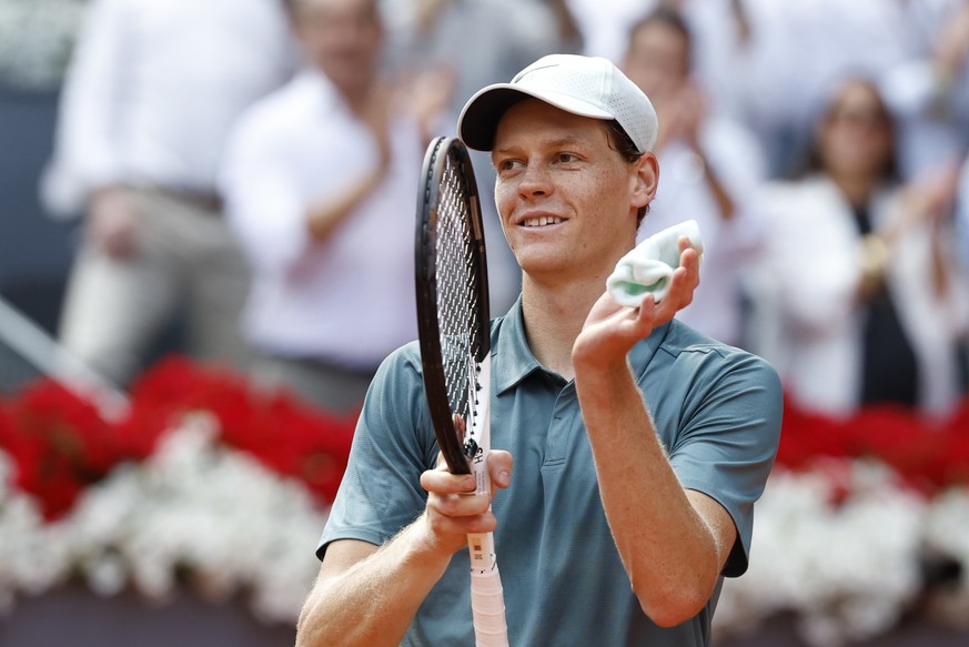 epa12926815 Jannik Sinner of Italy celebrates after winning his men's singles semifinal match against Arthur Fils of France at the Madrid Open tennis tournament in Madrid, Spain, 01 May 2026. EPA ...