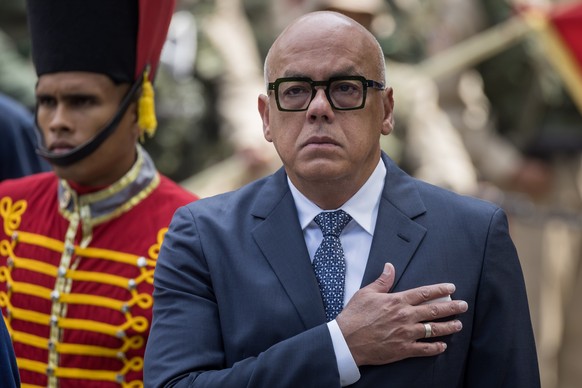 epa11807624 The President of the National Assembly of Venezuela, Jorge Rodriguez, gestures during a ceremony prior to the start of the legislative year in Caracas, Venezuela, 05 January 2025. Rodrigue ...